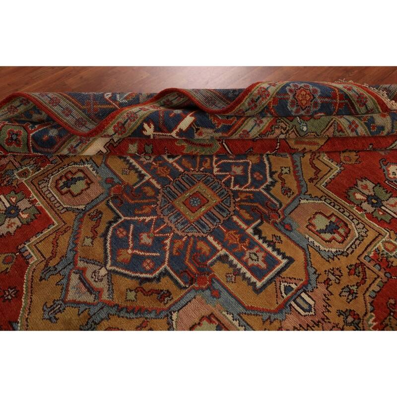 Heriz Serapi Indian Rug Hand-Knotted Medallion Orange Wool Carpet - 9'0"x 11'11"
