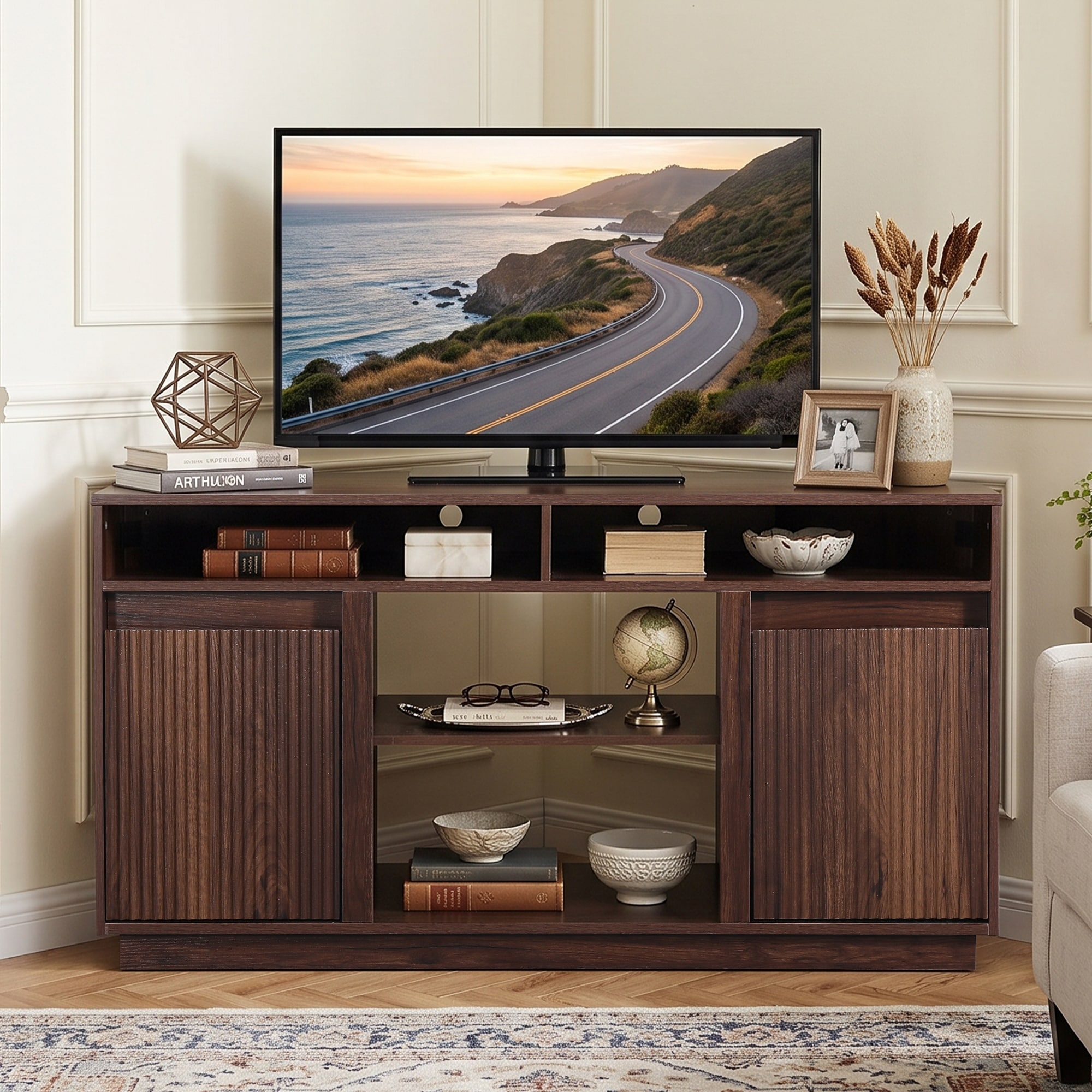 47" Modern Dark Walnut Wood Fluted Corner Media Console TV Stand with Open Shelves