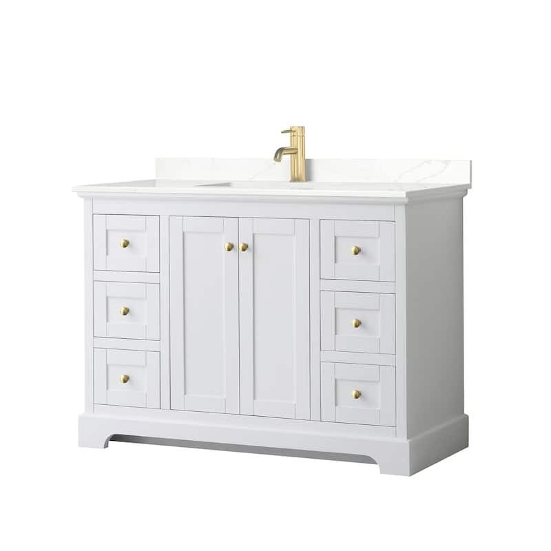 Wyndham Collection WCV232348S-QTZ-UNSMXX Avery 48" Free Standing - White / Giotto Quartz Top / Brushed Gold Hardware