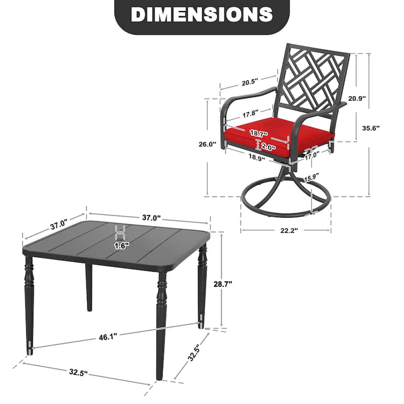 5PCS Metal Patio Dining Set with Umbrella Hole, Swivel Chairs with Cushions