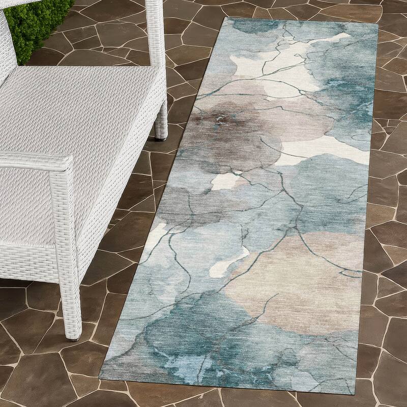 Machine Washable Indoor/ Outdoor Floral Mara Chantille Rug - Teal - 2'3" x 7'6"