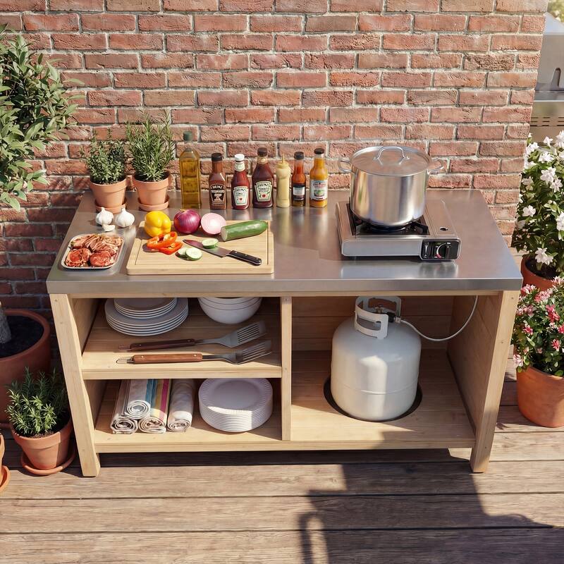 Modular Outdoor Kitchen Island Set, 100% Solid Wood BBQ Cabinet , Patio Kitchen Bar Table