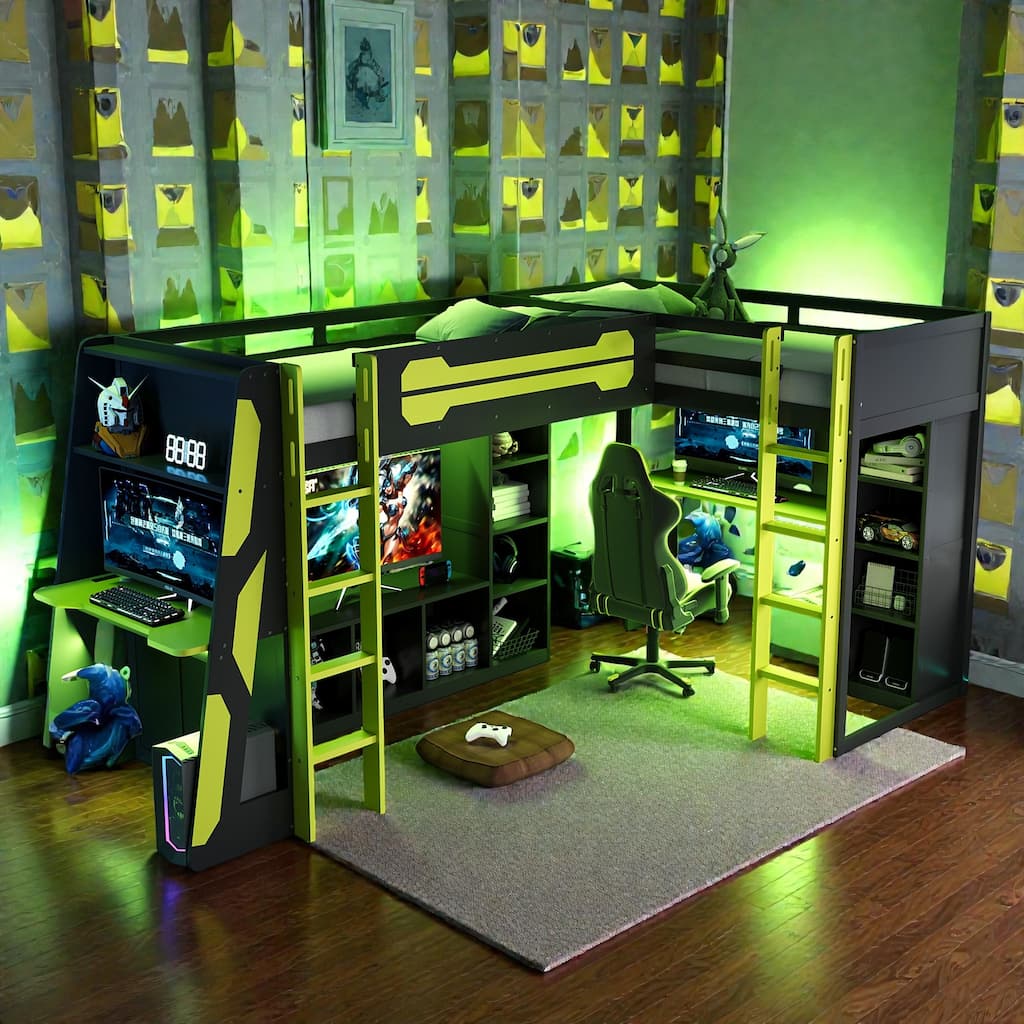 L-Shaped Twin Gaming Bed Frame with RGB LED Lights, USB Ports, TV Stand, Storage Shelves & Reversible Loft Design