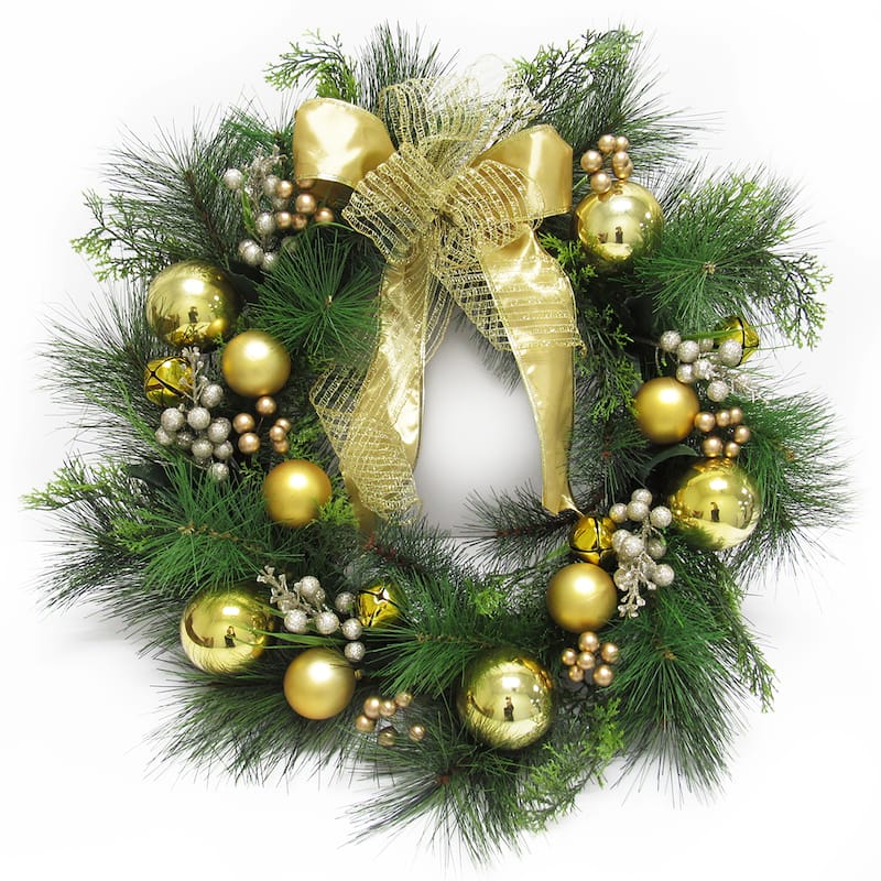 Deluxe Gold Artificial Ornament Bell Berry & Pine Christmas Wreath 24in - 24" L x 24" W x 6" DP
