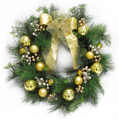 Deluxe Gold Artificial Ornament Bell Berry & Pine Christmas Wreath 24in - 24" L x 24" W x 6" DP