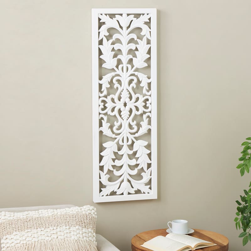 Wood Floral Carved Panel Wall Decor with Scroll Details - White - Roche River Decor
