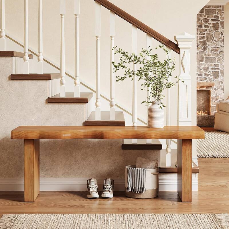 47" Solid Wood Bench, Farmhouse Entryway Bench for Bedroom, Dining Room - 47.2" W × 13.8" D × 17.7" H