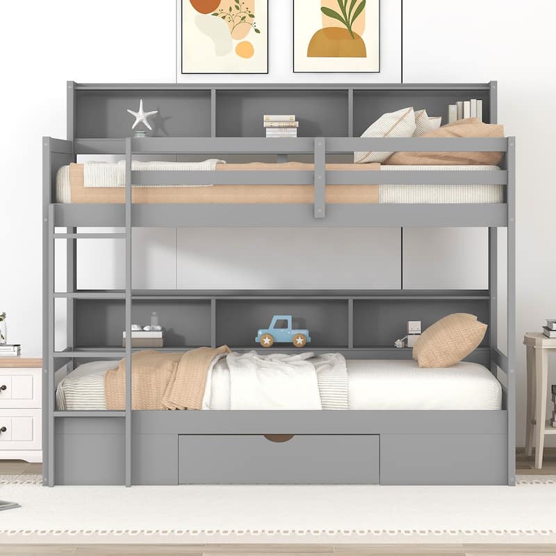 Twin Size Bunk Bed with Built-in Shelves and Storage Drawer, Gray