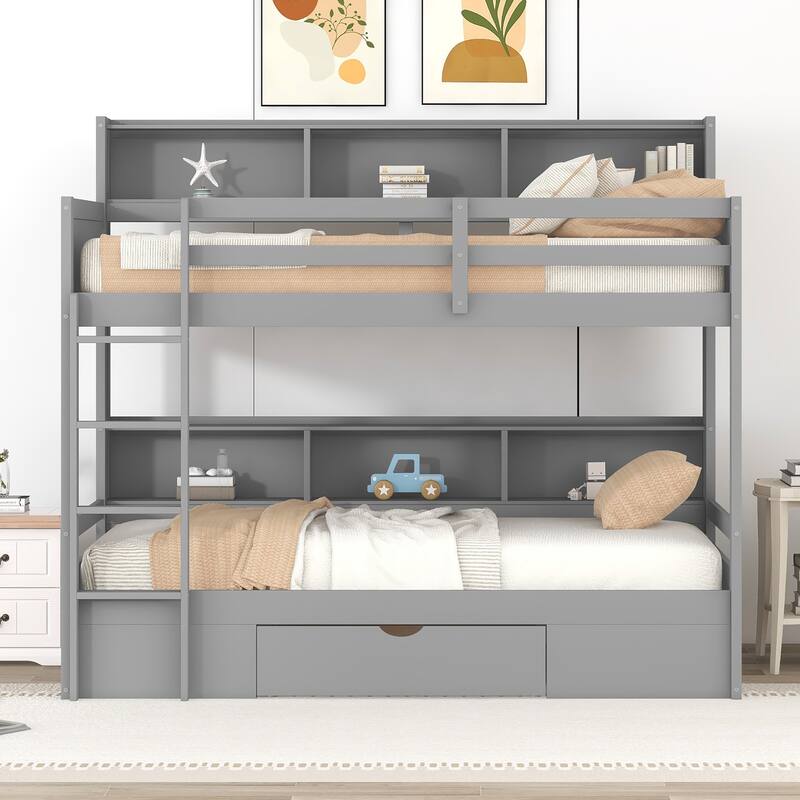 Twin Size Wooden Bunk Bed with Built-in Shelves & Storage Drawers