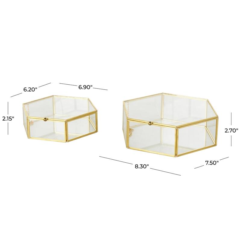 Glass Geometric Hexagon Decorative Jewelry Box with Gold Metal Frame and Chain Accent - Set of 2 Clear - Roche River Decor