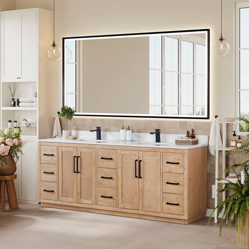 Floral Single Bathroom Vanity in Light Brown with Calacatta White Quartz Countertop with Mirror