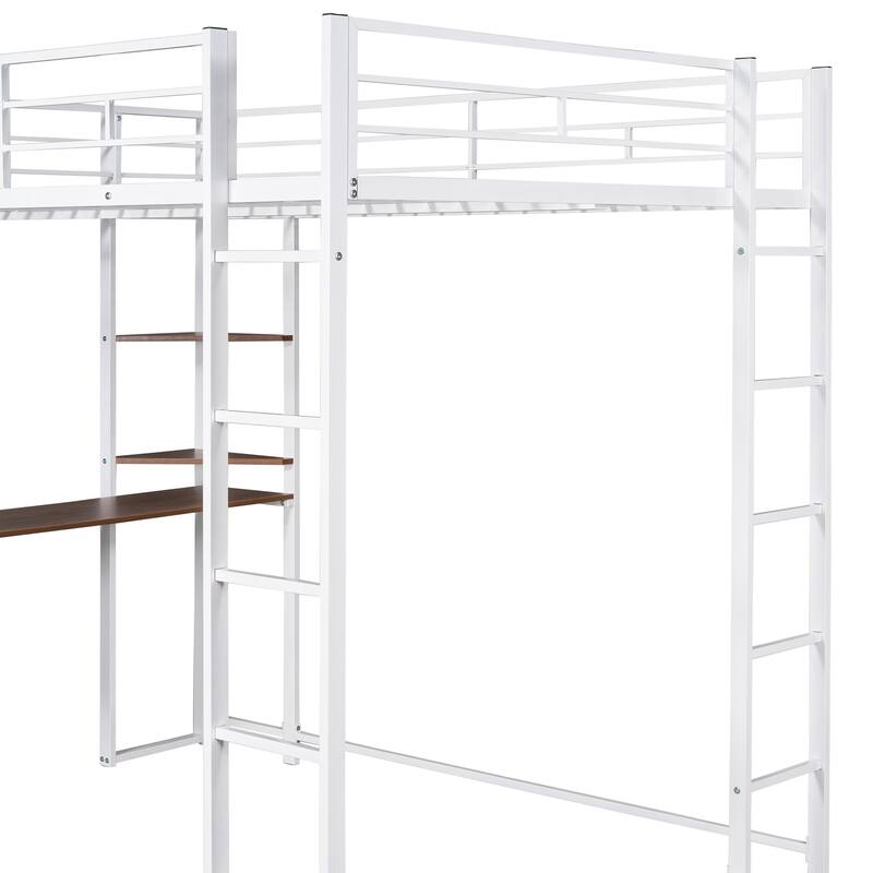 Full Size Metal Loft Bed with Desk and 2 Shelves, White