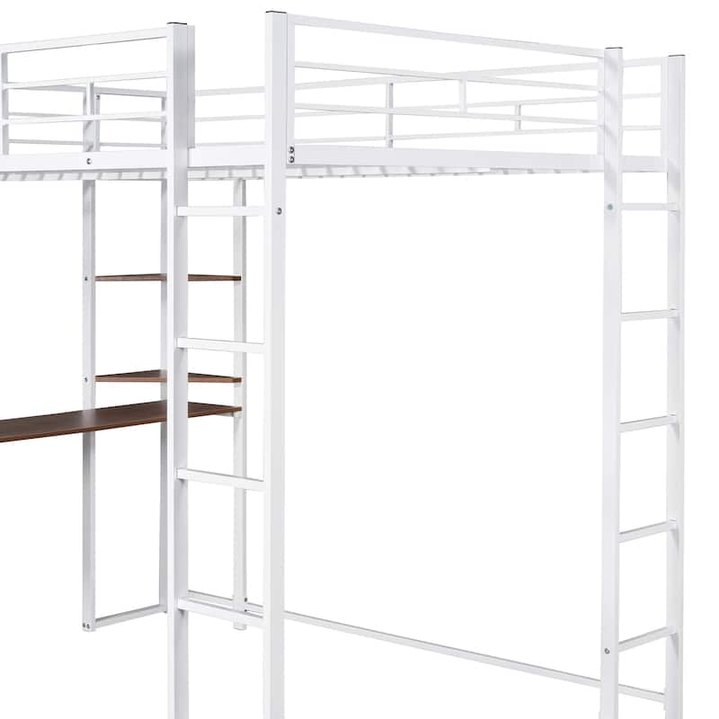 Metal Loft Bed with 2 Shelves and one Desk