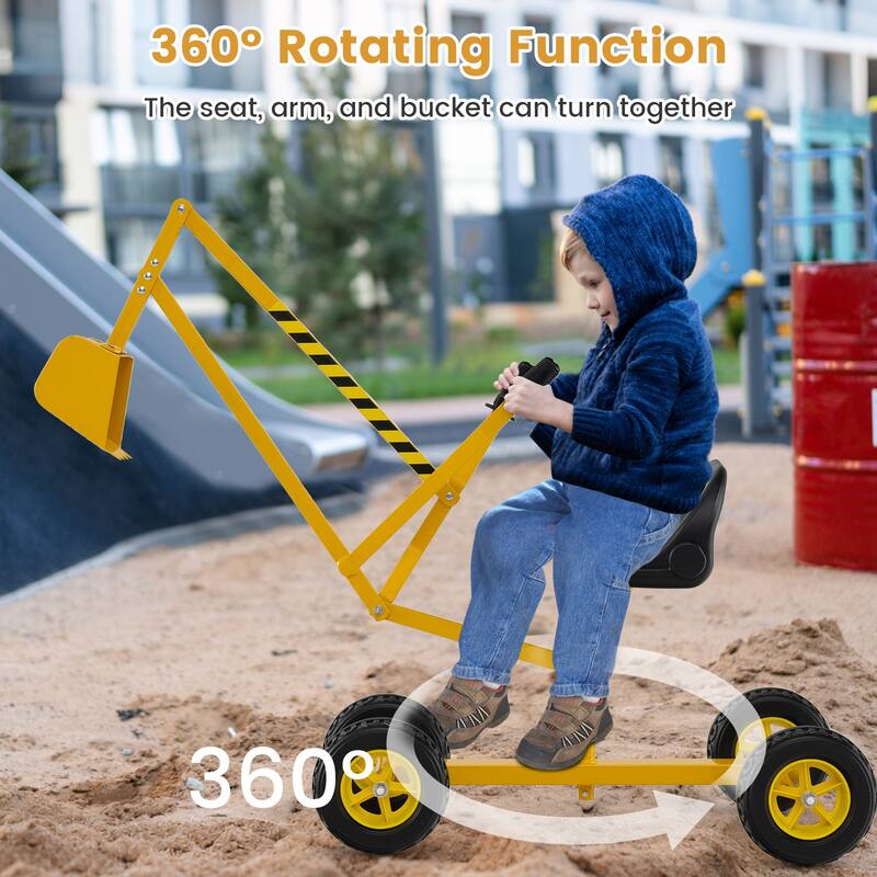 Kids Ride-On Sand Digger Toy with Rotating Seat and Bucket, Metal Frame Excavator for Ages 3+ - 48" x 16" x 26"