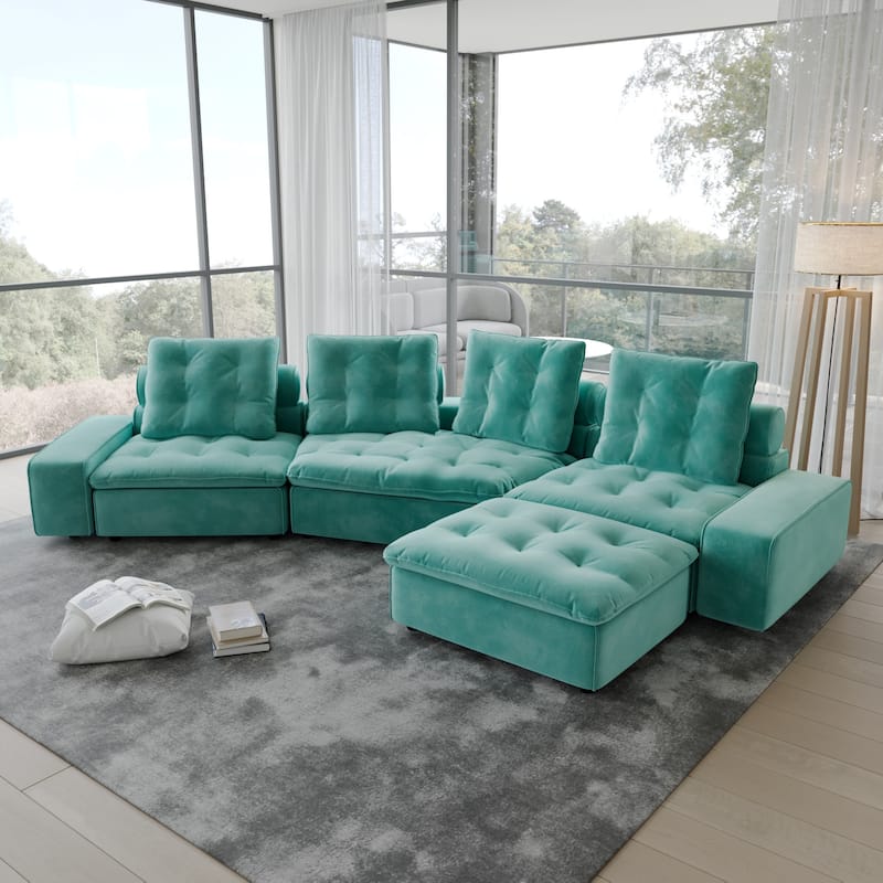 Stupendous Miami Modular Sofa Down Filled Curved Cloud Sectional Sofa 4 Seater with Ottoman - Tiffany Blue 1