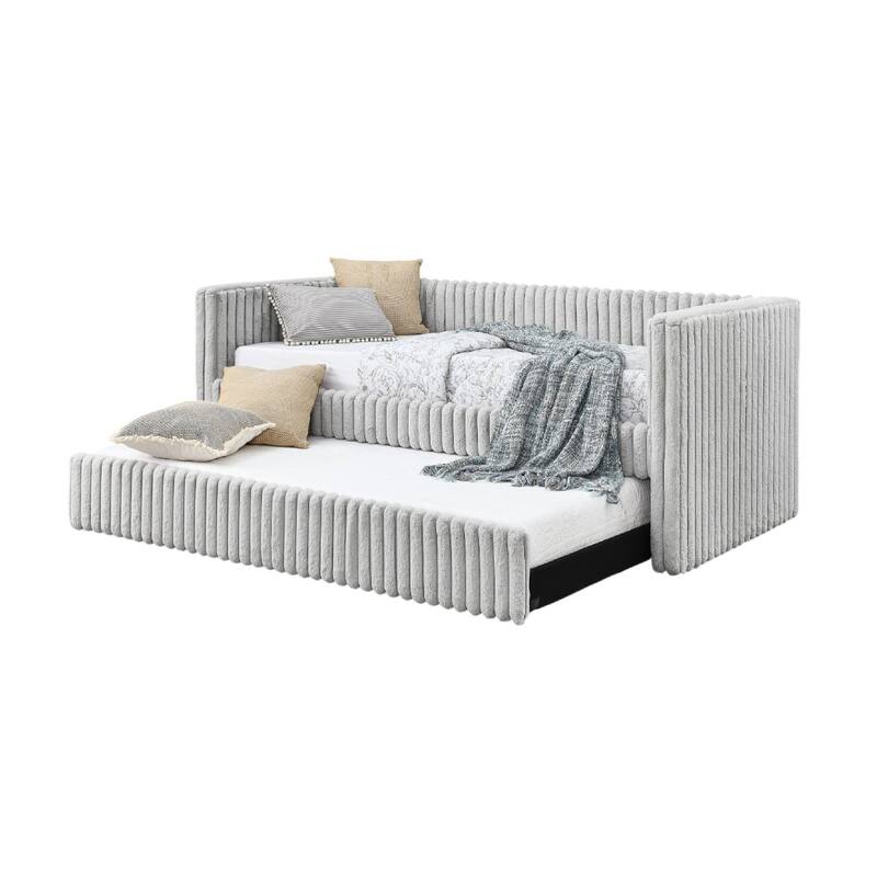 Keya Daybed w Pull Out Trundle, Channel Tufted Light Gray Upholstery