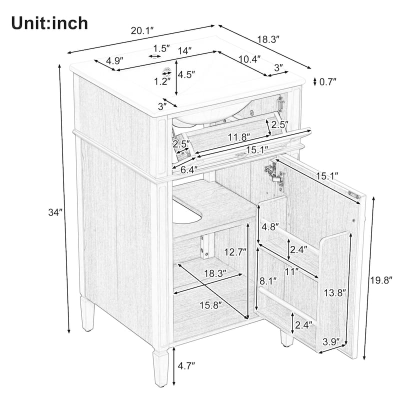 20-Inch Modern Freestanding Bathroom Vanity with Sink and Tilt-Out Drawer