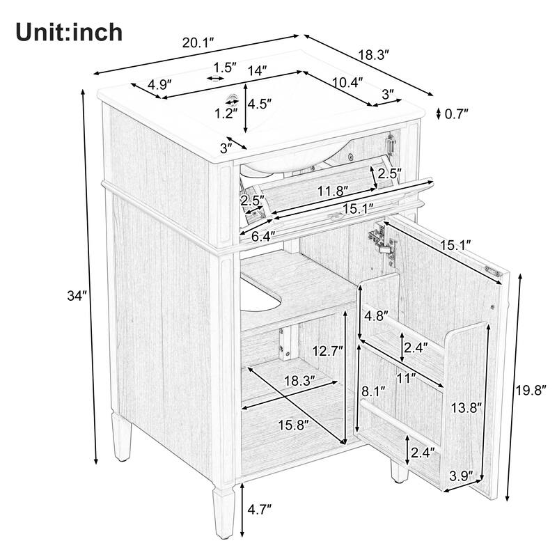 Roomfitters 20" Bathroom Vanity with Sink, Solid Pinewood Frame & Legs, Tilt-Out Drawer, Soft-Close Door with Racks