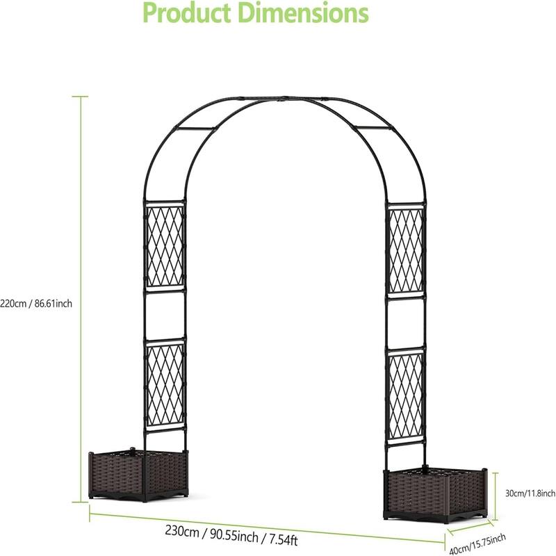 230 x 40 x 220 cm Metal Garden Arch Trellis with Planter Boxes - 90.5 Inch Wedding Arch and Outdoor Arbor for Lawn or Backyard