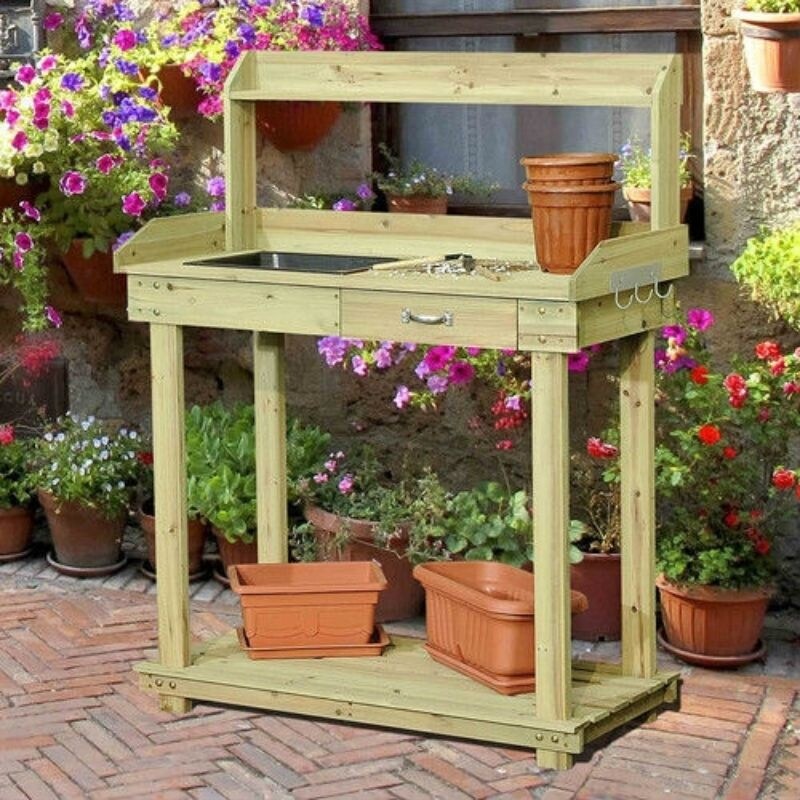 Shop Natural Wood Potting Bench Table With Sink And Outdoor