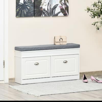 White-Grey Fabric Shoe Bench with Drawers, Cushion and Modern Design - 41" L x 9.5" W x 21.75" H