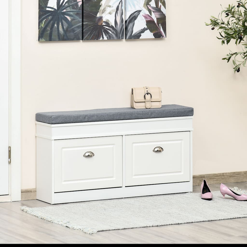White-Grey Fabric Shoe Bench with Drawers, Cushion and Modern Design - 41" L x 9.5" W x 21.75" H