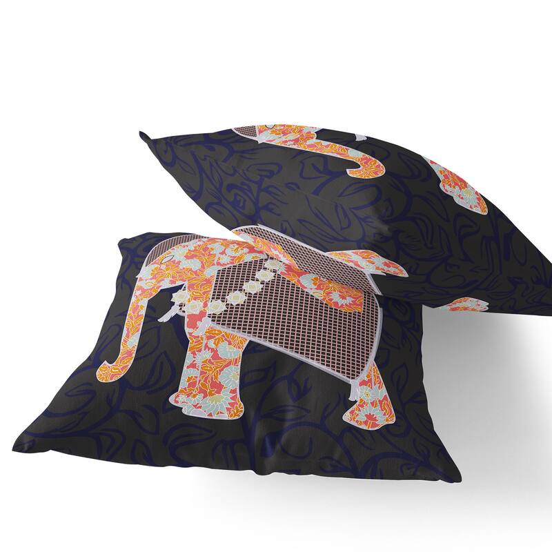 HomeRoots Set of Two 16" X 16" Blue and Green Elephant Blown Seam Floral Indoor Outdoor Throw Pillow - 16.00' X '16.00' X '5.00