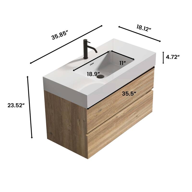 GDFStudio - Grace Wall-Mounted Bathroom Vanity with Engineered Quartz Sink & Soft Close Drawers, without Drainage and Faucet