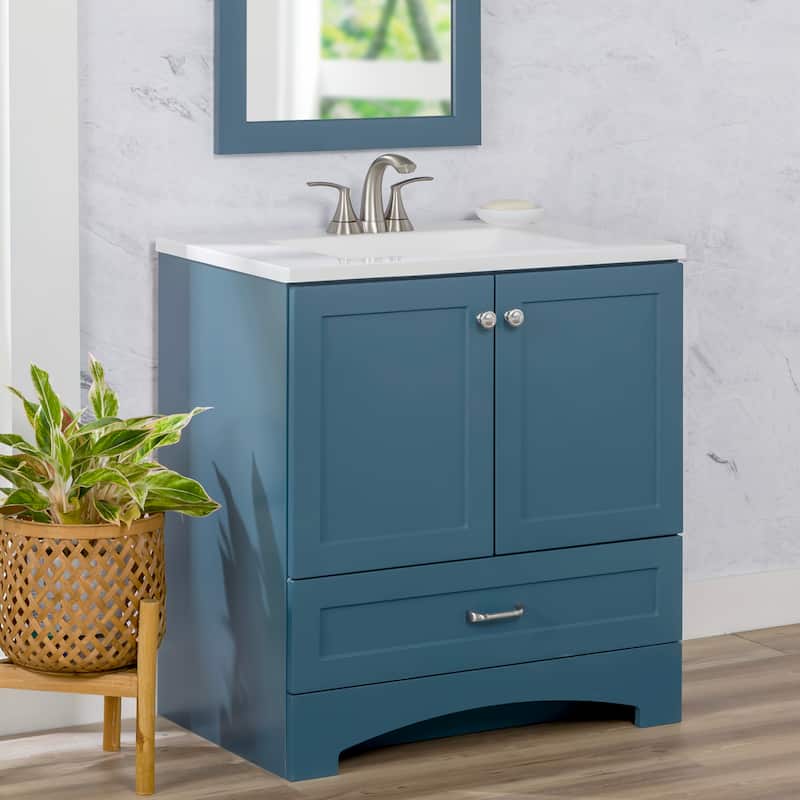 Spring Mill Cabinets Emlyn 30.5" Bathroom Vanity With Drawer and White Sink Top - Admiral Blue