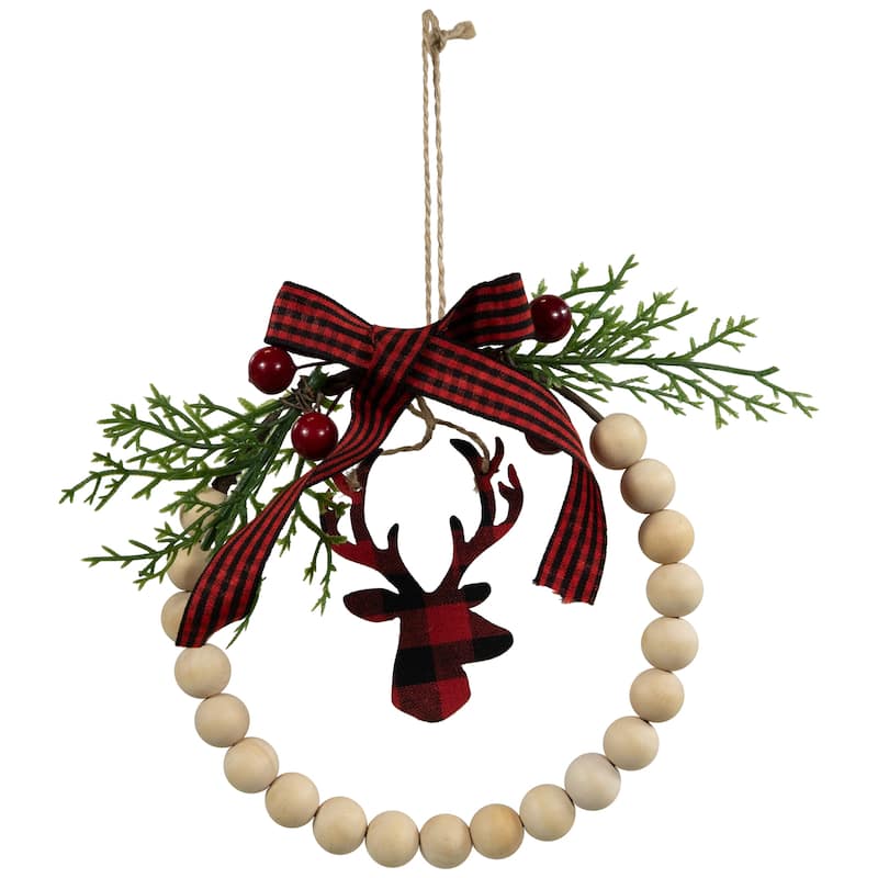 Plaid Reindeer with Pine and Berries Christmas Wreath Ornament - 7.5" - 5.5"