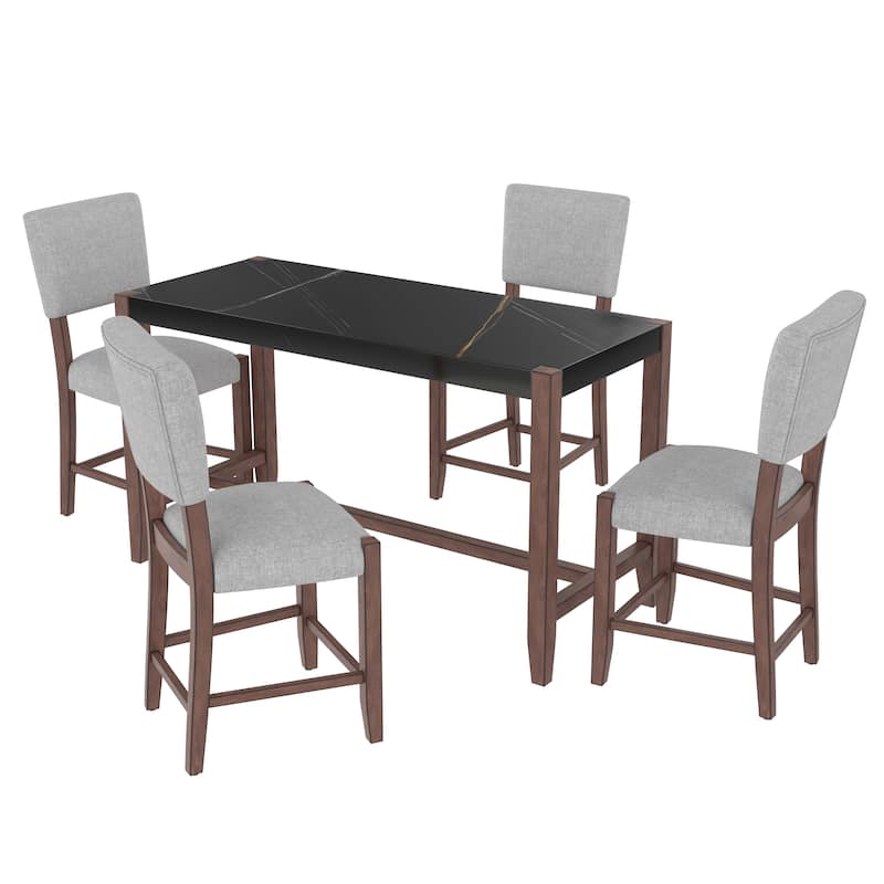 5-Piece Counter Height Dining Table Set, Faux Marble Bar Table And 4 Upholstered-Seat Chairs, Mid-Century Modern Dining Set