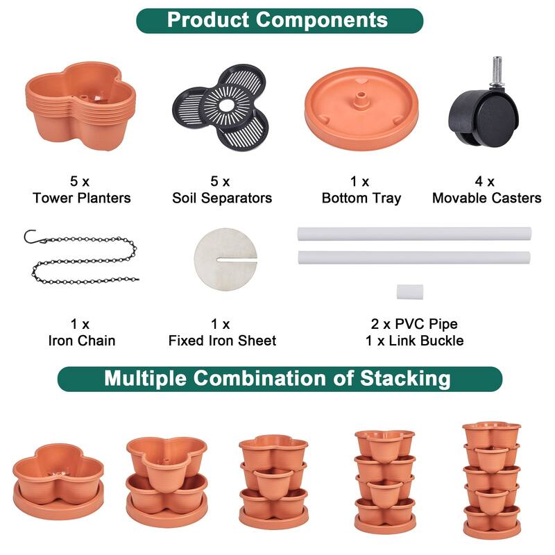 2 Pack Vertical Strawberry Planter 5 Tier Hanging Vertical Gardening Planter Stackable Garden Tower Pot for Flowers