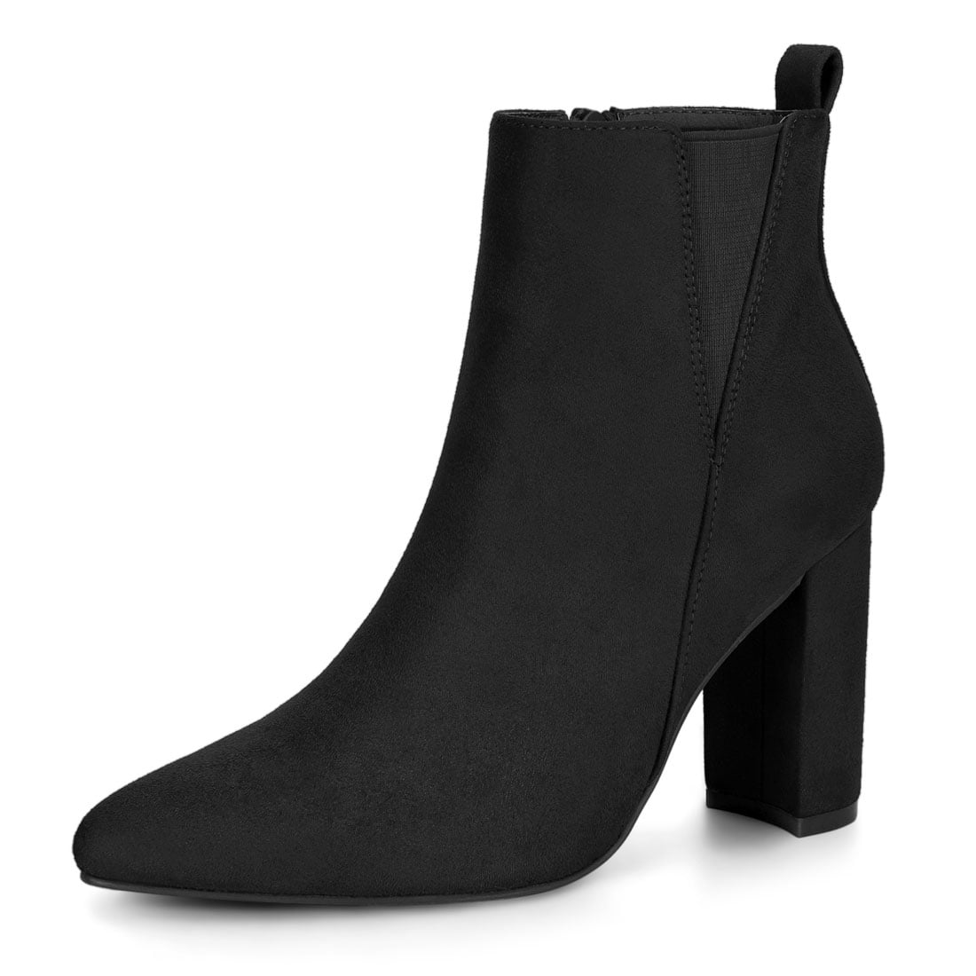 black pointed toe block heel ankle boots