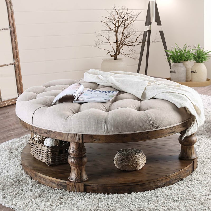 Bae Rustic 48-inch Fabric Tufted 1-Shelf Round Coffee Table by Furniture of America - Antique Oak