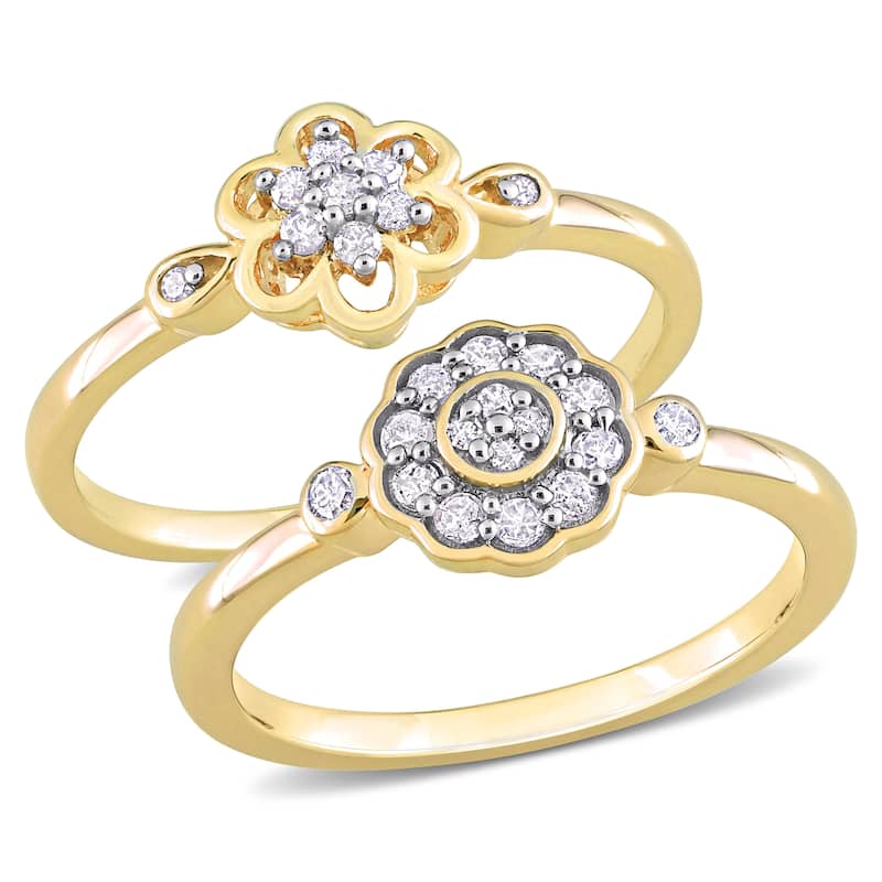 Miadora 1/3ct TW Diamond Flower Rings 2-Piece Set Yellow Silver