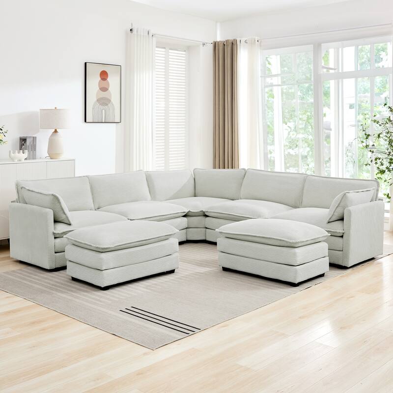 Multi-Seater Corduroy Sectional Sofa with Removable Ottomans & Corner Seat, Soft & Comfortable