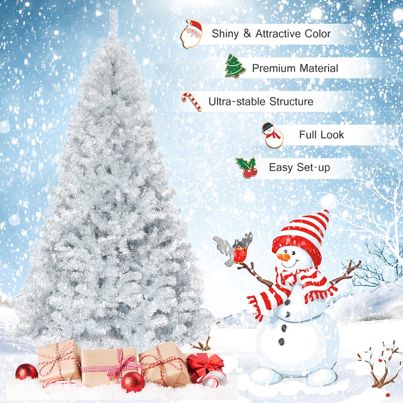 Gymax 7.5 FT Silver Tinsel Christmas Tree Artificial Hinged Tree - See Details
