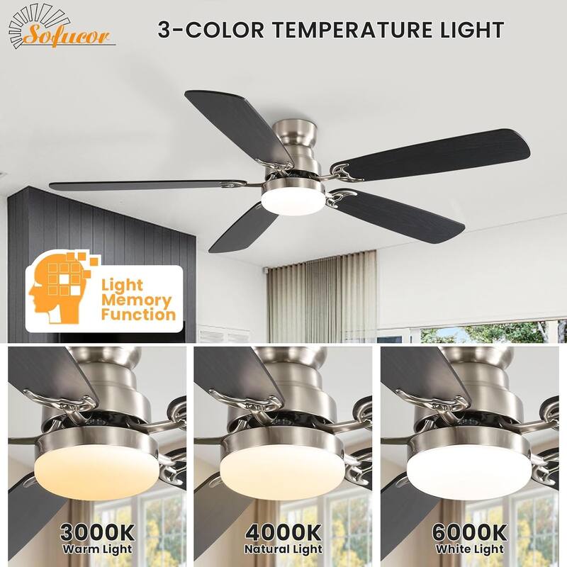 52 Inch Flush Mount & Downrod Ceiling Fan With Light and Remote Modern Ceiling Fan Bedroom - N/A