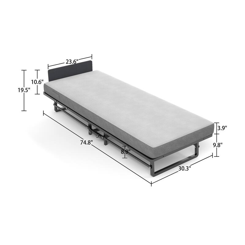 Twin Size Metal Foldable Bed with Foam Mattress and 4 Castors for Small Space