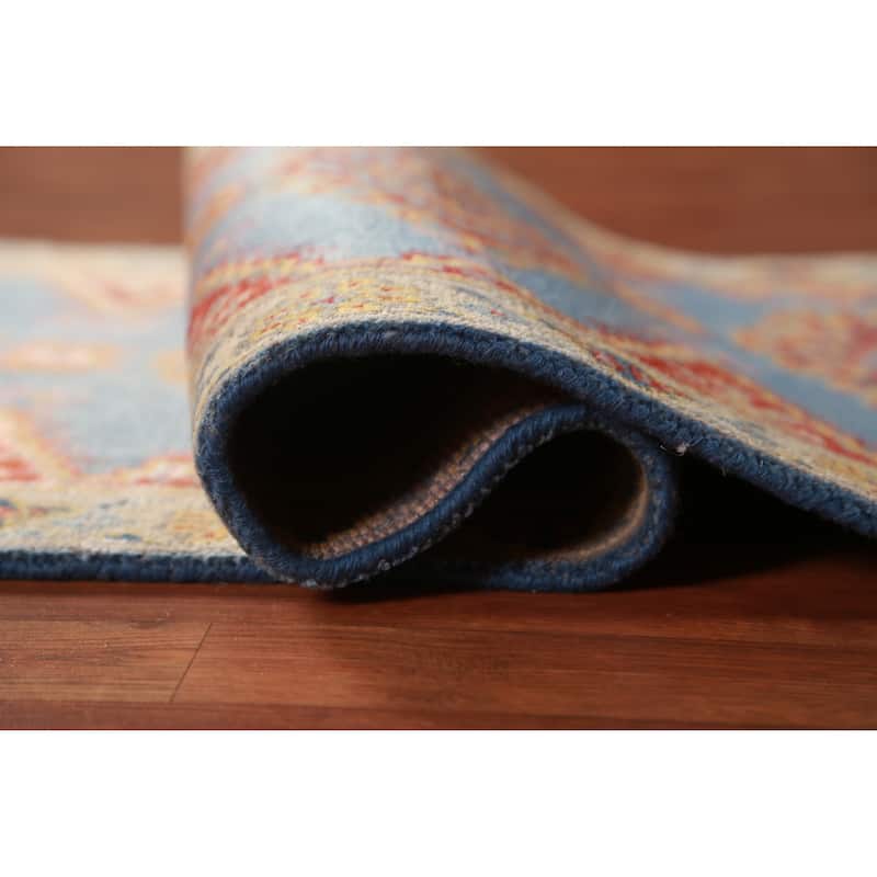 Hand Knotted Oriental 100% Wool Carpet Traditional Geometric Navy Blue & Blues Viss Runner Rug - 10' 0'' X 2' 6''