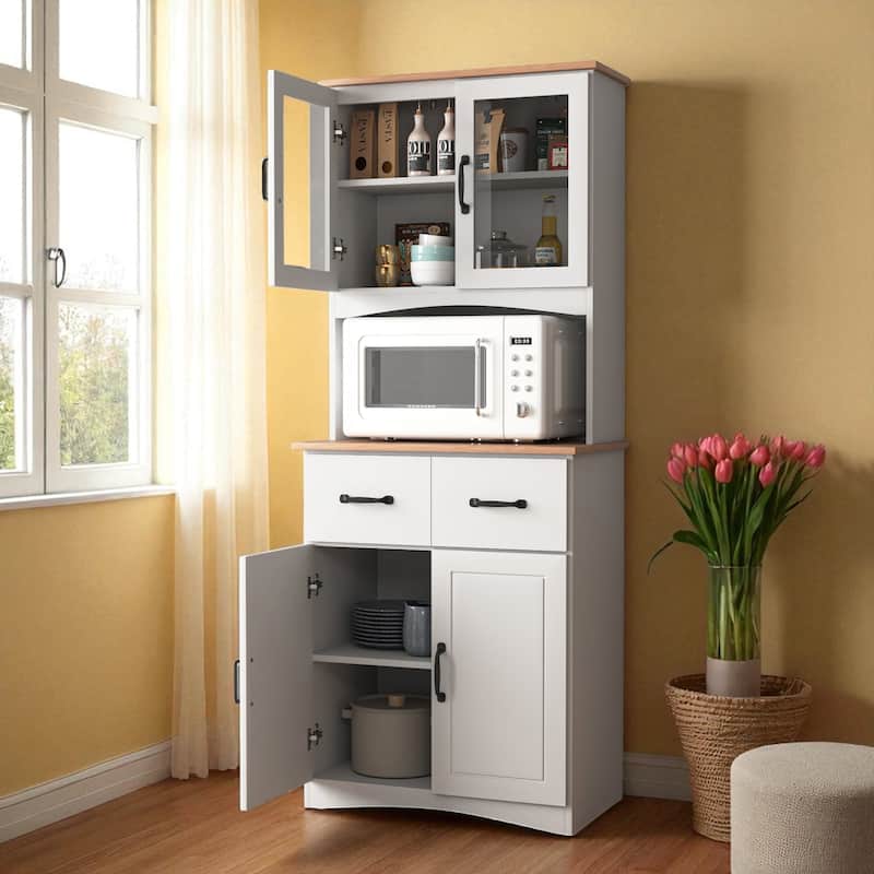 White Wooden Kitchen Pantry Storage Cabinet with Glass Doors, Drawers, Adjustable Shelves and Countertop