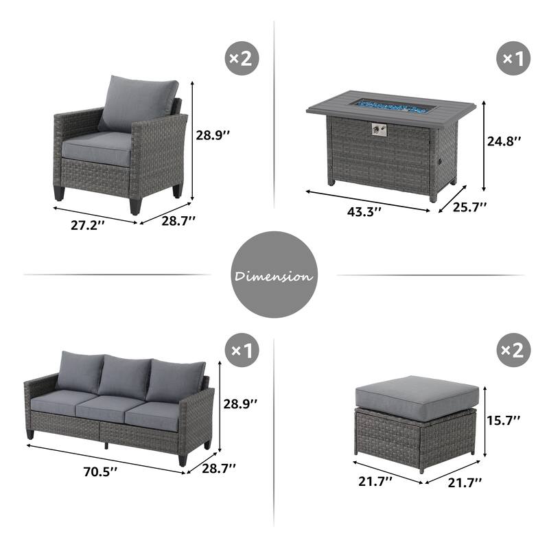 Outdoor 6 Pieces Wicker Sectional Sofa Set with Fire Pit Table