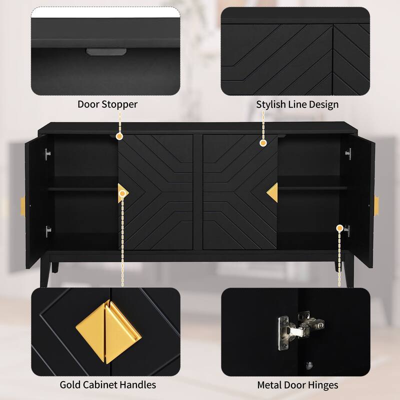 60" 4-Door Sideboard Buffet Cabinet with Adjustable Shelves, Gold Handles & Cable Holes, Wood Storage Console
