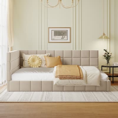 Full Size Upholstered Daybed, Velvet Fabric Floor Sofa Bed Frame, L Shaped Tufted Platform Day Bed with Armrest and Backrest