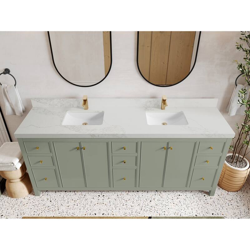 Willow Collections 84 in. W x 22 in. D Chicago Double Bowl Sink Bathroom Vanity with Countertop - 2”Calacatta Nuvo - Evergreen
