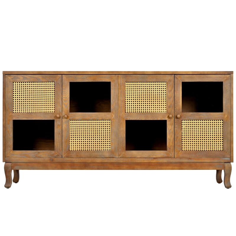 4-Door Sideboard with Large Storage Space Artificial Rattan Doors and Transparent Glass, for Dining Room Living Room