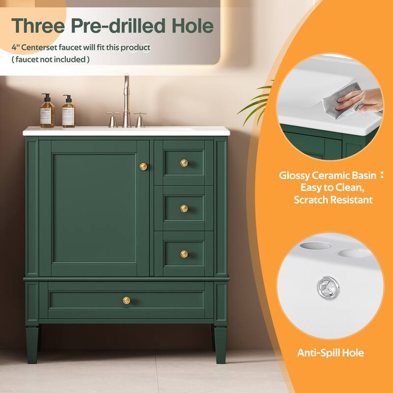 30" Bathroom Vanity with Ceramic Sink - Solid Wood Frame with 3 Drawers, Modern Bathroom Storage Cabinet