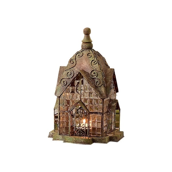 Set of 3 Glass and Metal Candle Lanterns - Classic European Architectural Houses - 10.5 in. x 6.75 in.