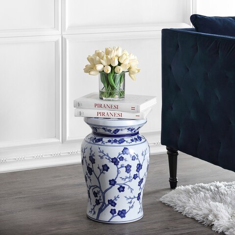 Cherry Blossom 17.7" Ceramic Garden Stool, White/Blue by JONATHAN Y