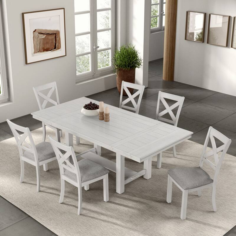 Furniture of America Hesnly Farmhouse Rustic White Oak 7-Piece Wood Extendable Dining Set